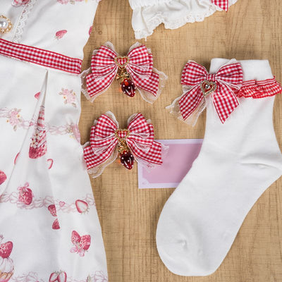 White ankle socks with red plaid bowknot, sweet Lolita style.