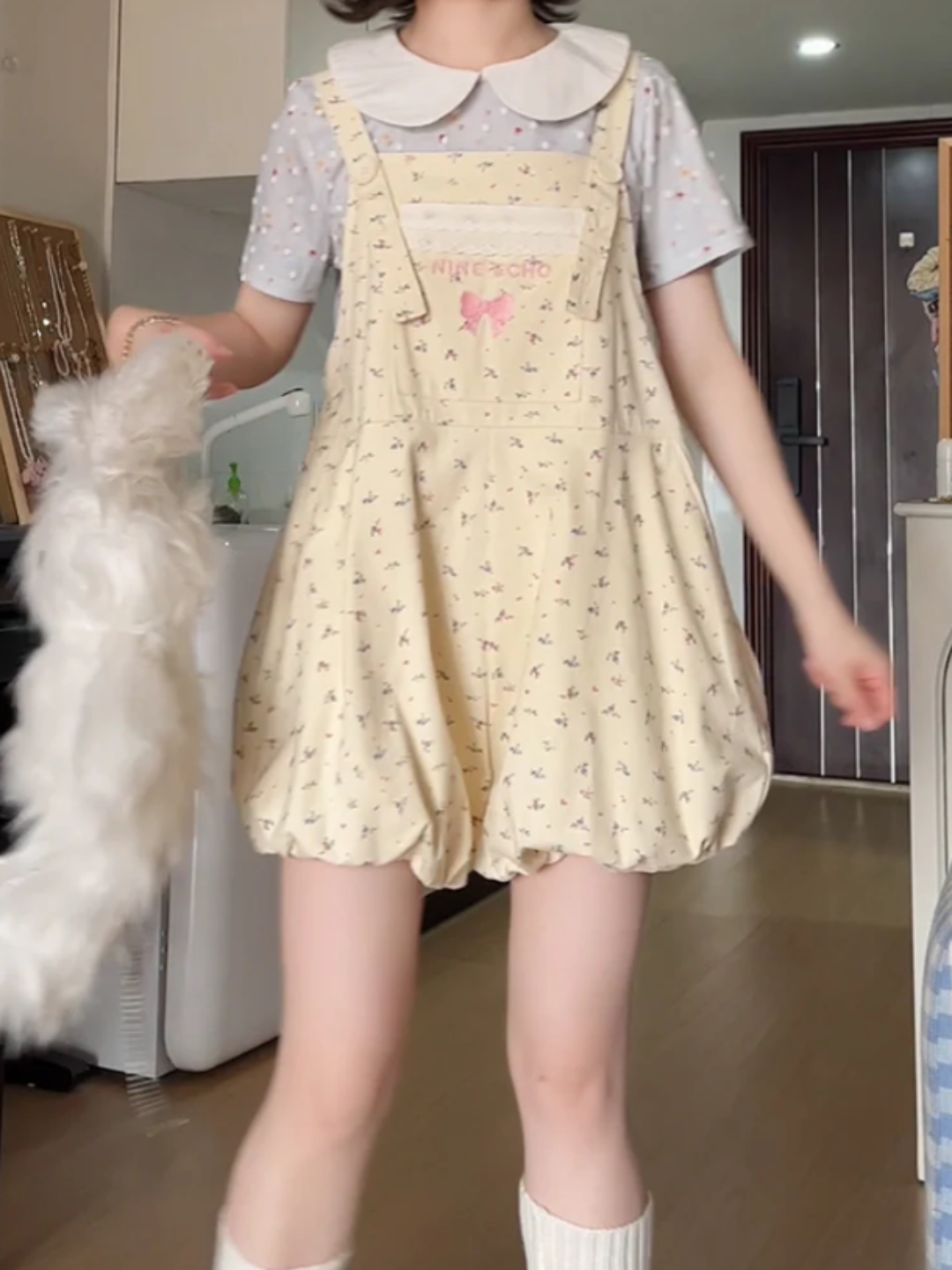 Vanilla Bow Bubble Overall Shorts