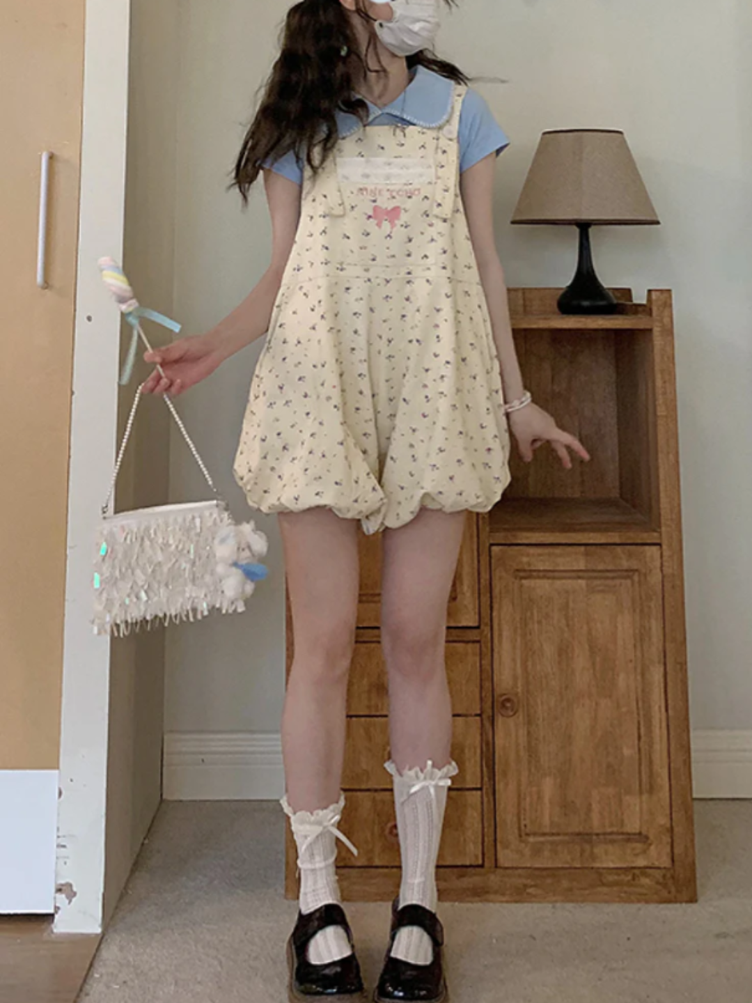 Vanilla Bow Bubble Overall Shorts