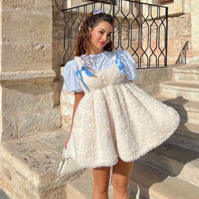 White bunny plush dress hand-knitted