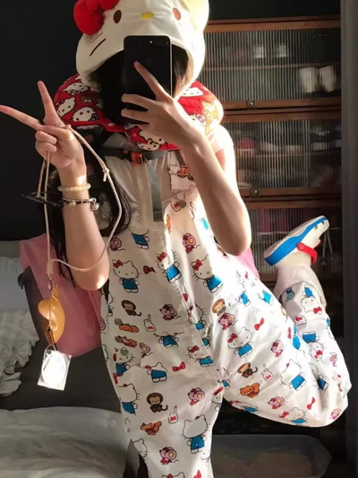 White Kawaii Cat Overalls