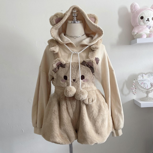 Kawaii Plush Bear Suspender Shorts – Fuzzy Teddycore Aesthetic